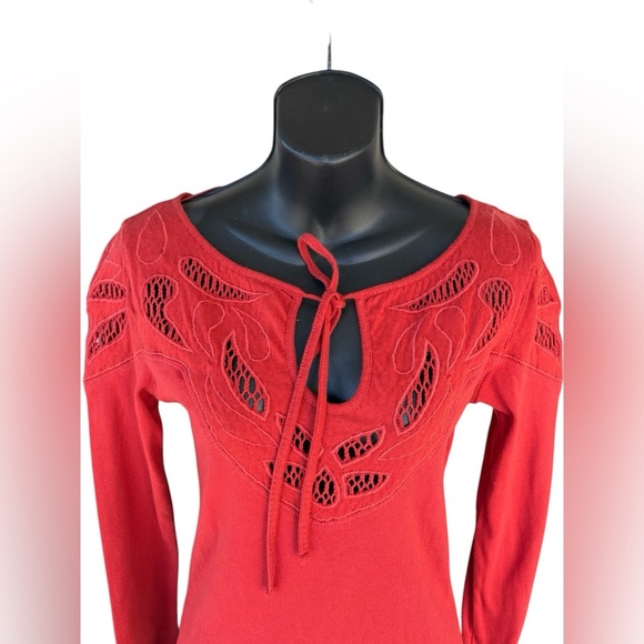 Free People womens Red/Orange crochet Embroidered Yoke Stretch Cotton tee top - Picture 4 of 9